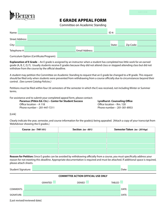 E Grade Appeal Form screenshot