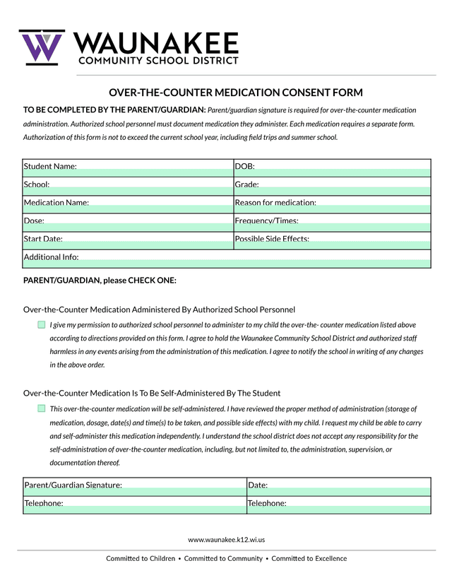 OVER THE COUNTER MEDICATION CONSENT FORM screenshot