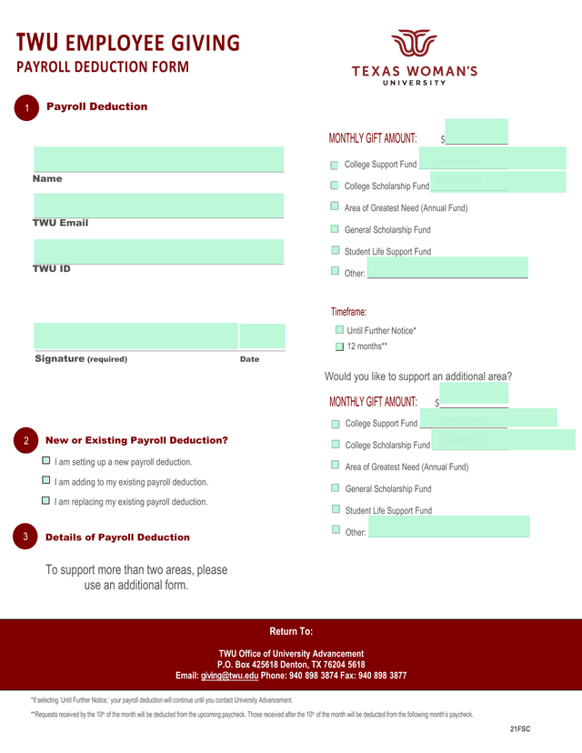 TWU Employee Giving Payroll Deduction Form screenshot
