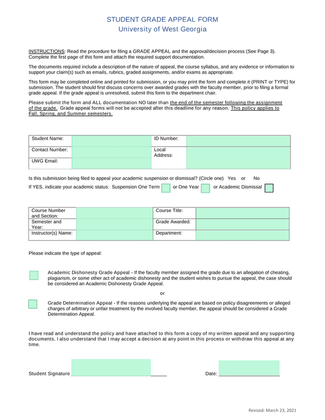 Student Grade Appeal Form screenshot