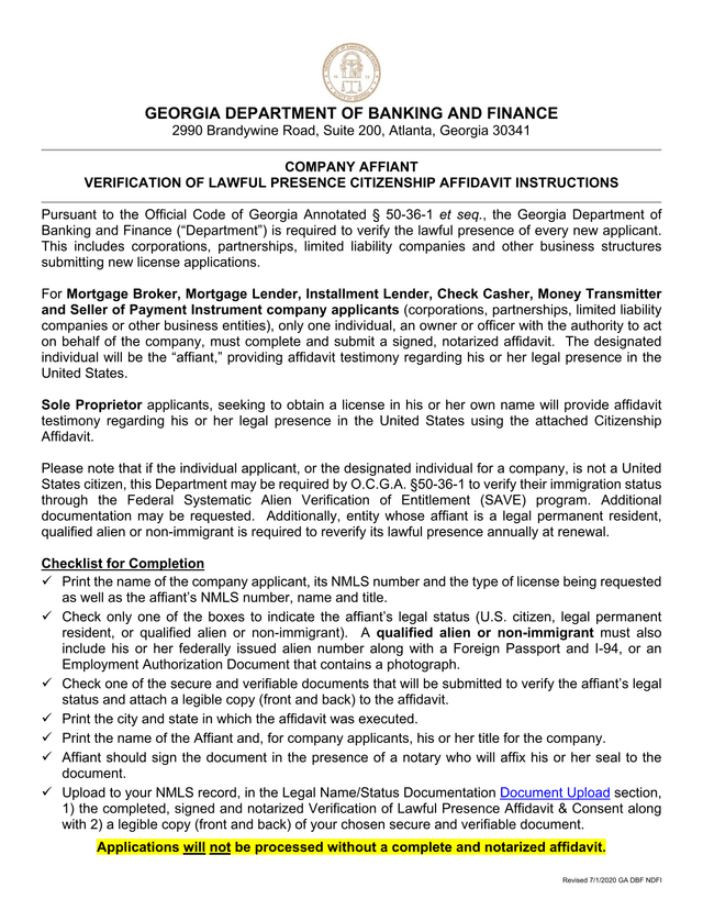 COMPANY AFFIANT VERIFICATION OF LAWFUL PRESENCE CITIZENSHIP AFFIDAVIT INSTRUCTIONS screenshot