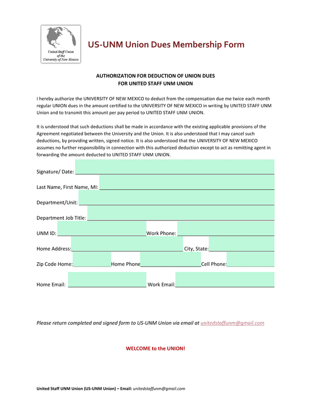 US UNM Union Dues Membership Form screenshot