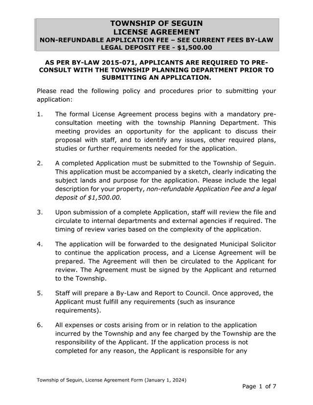 Township Of Seguin, License Agreement Form screenshot