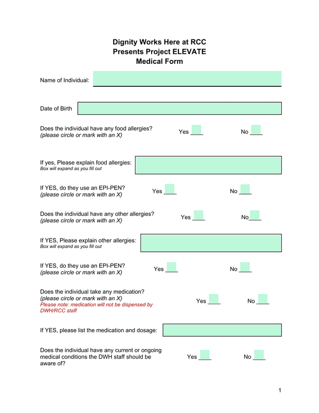 Project ELEVATE Medical Form screenshot