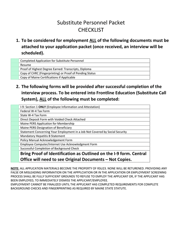 Substitute Personnel Packet CHECKLIST screenshot