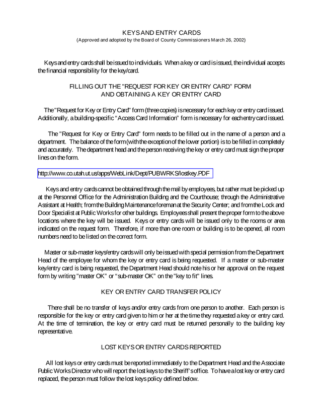Keys And Entry Cards Policy screenshot
