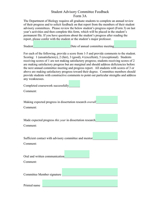 Student Advisory Committee Feedback Form 3A screenshot