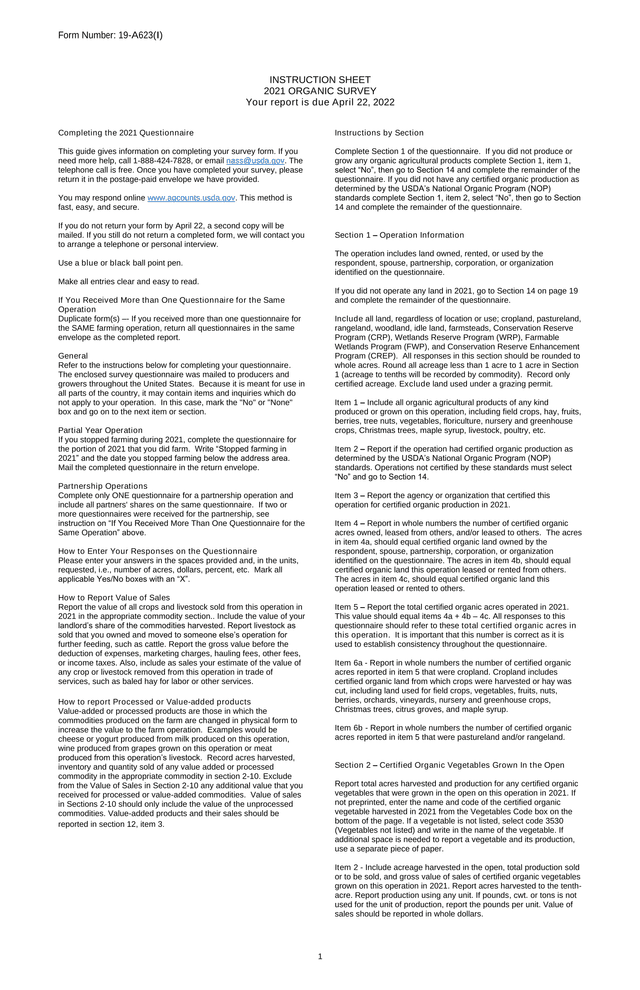 2021 Organic Survey Instruction Sheet screenshot