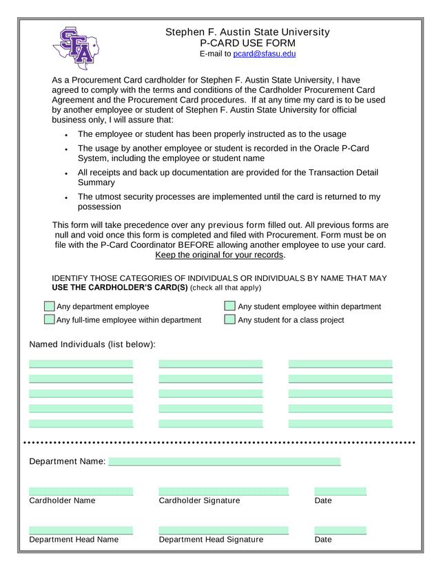 Stephen F. Austin State University P CARD USE FORM screenshot