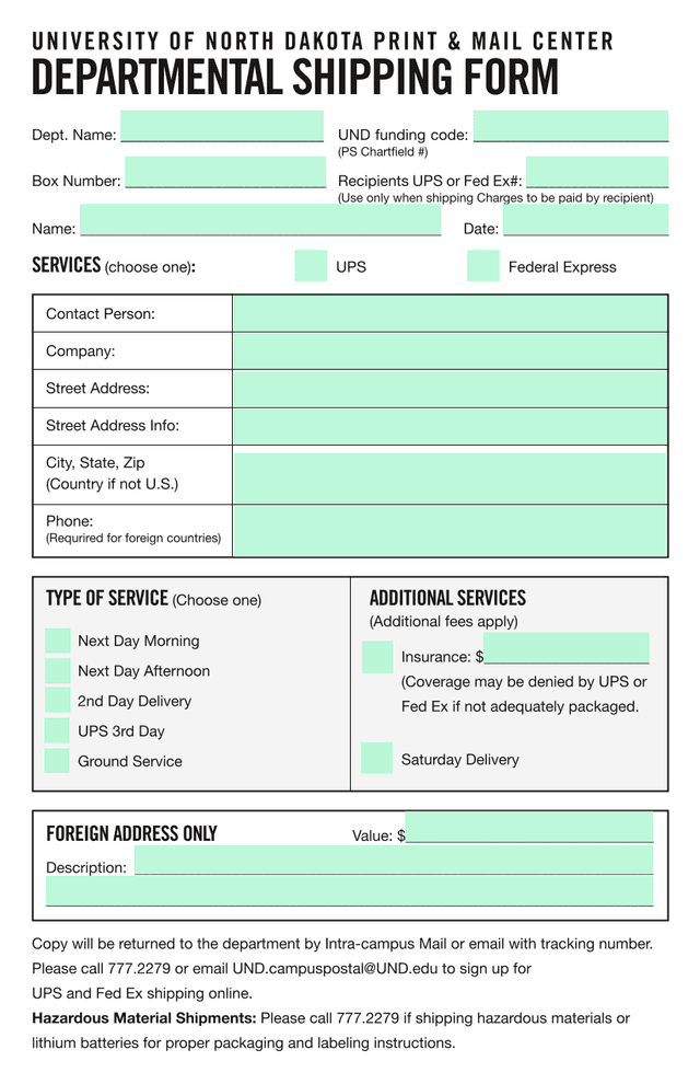 UNIVERSITY OF NORTH DAKOTA DEPARTMENTAL SHIPPING FORM screenshot