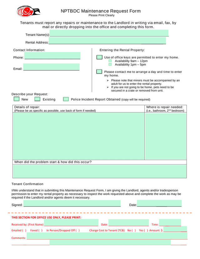 NPTBDC Maintenance Request Form screenshot