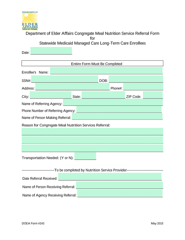 DOEA Form 243 Department Of Elder Affairs Congregate Meal Nutrition Service Referral Form screenshot