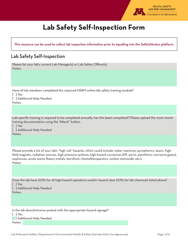 Lab Safety Self Inspection Form screenshot