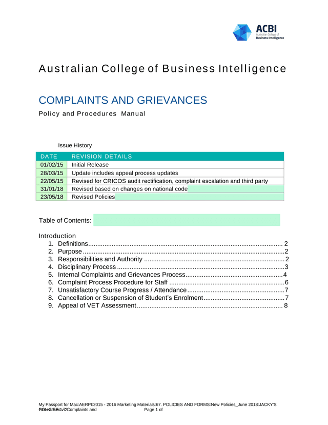 Complaints And Grievances Policy And Procedures Manual screenshot