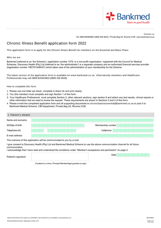 Chronic Illness Benefit Application Form 2022 screenshot