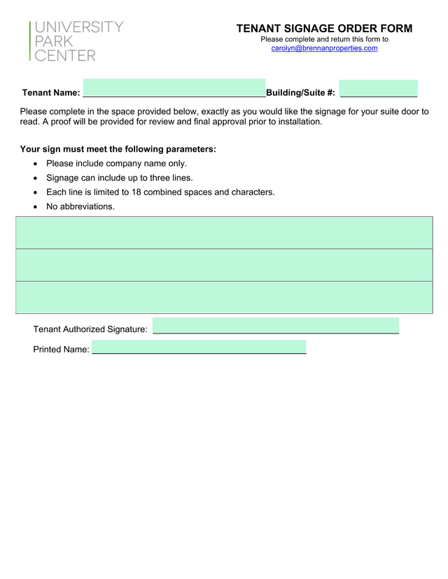 Tenant Signage Order Form screenshot