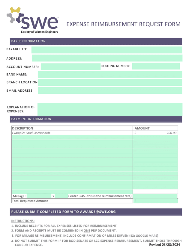 EXPENSE REIMBURSEMENT REQUEST FORM screenshot
