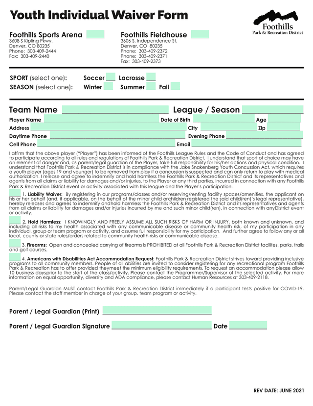 Youth Individual Waiver Form screenshot