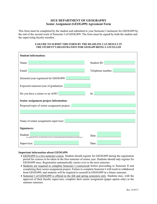 SIUE DEPARTMENT OF GEOGRAPHY Senior Assignment (GEOG499) Agreement Form screenshot