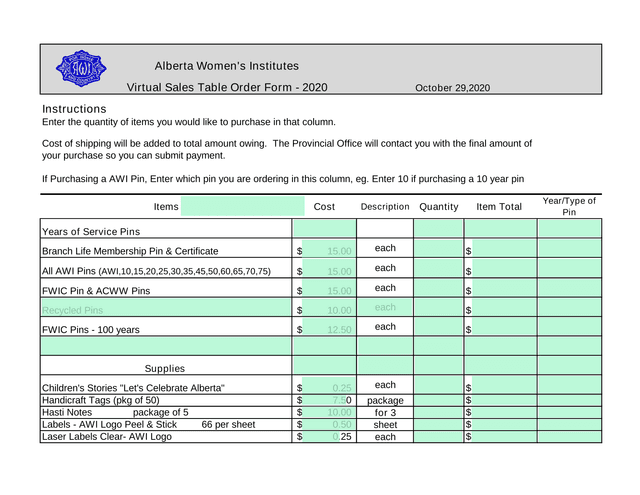 Virtual Sales Table Order Form   2020 screenshot