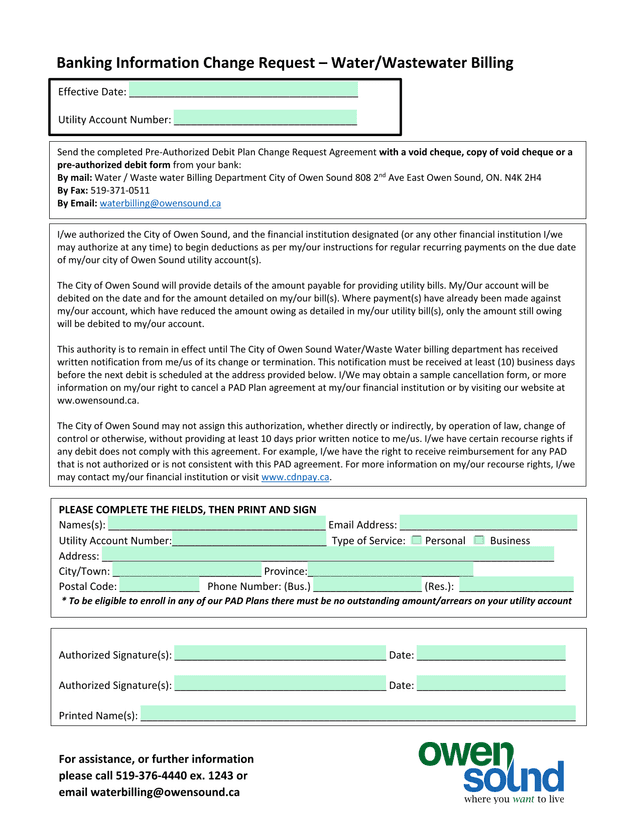 Banking Information Change Request  WaterWastewater Billing screenshot