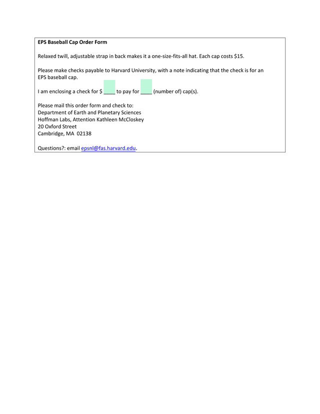 EPS Baseball Cap Order Form screenshot