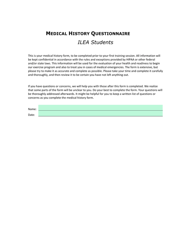 MEDICAL HISTORY QUESTIONNAIRE ILEA Students screenshot