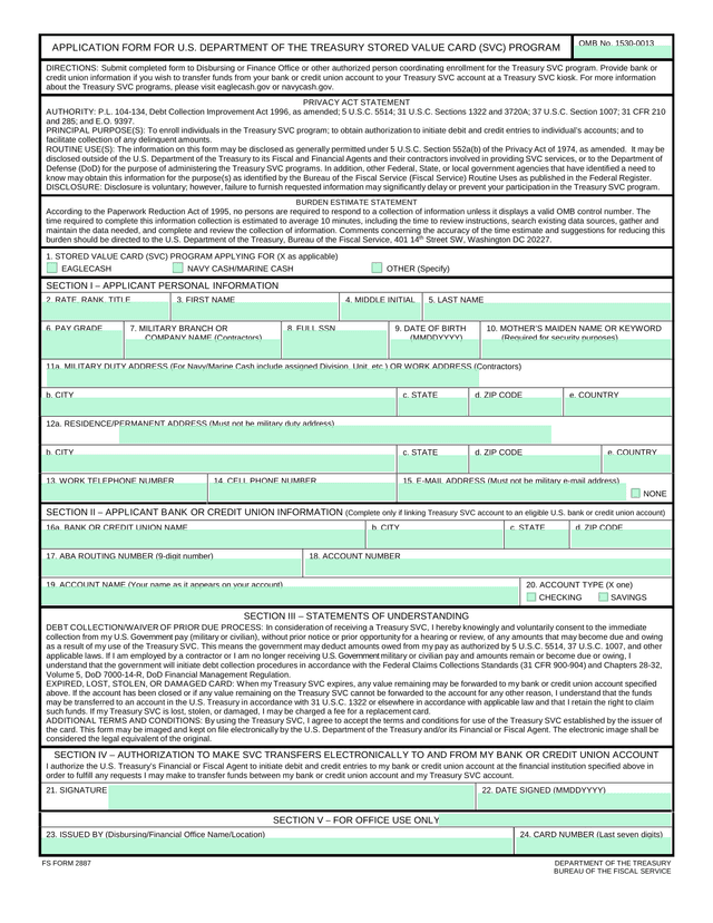APPLICATION FORM FOR U.S. DEPARTMENT OF THE TREASURY STORED VALUE CARD (SVC) PROGRAM screenshot