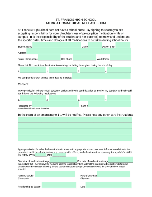 ST. FRANCIS HIGH SCHOOL MEDICATIONMEDICAL RELEASE FORM screenshot
