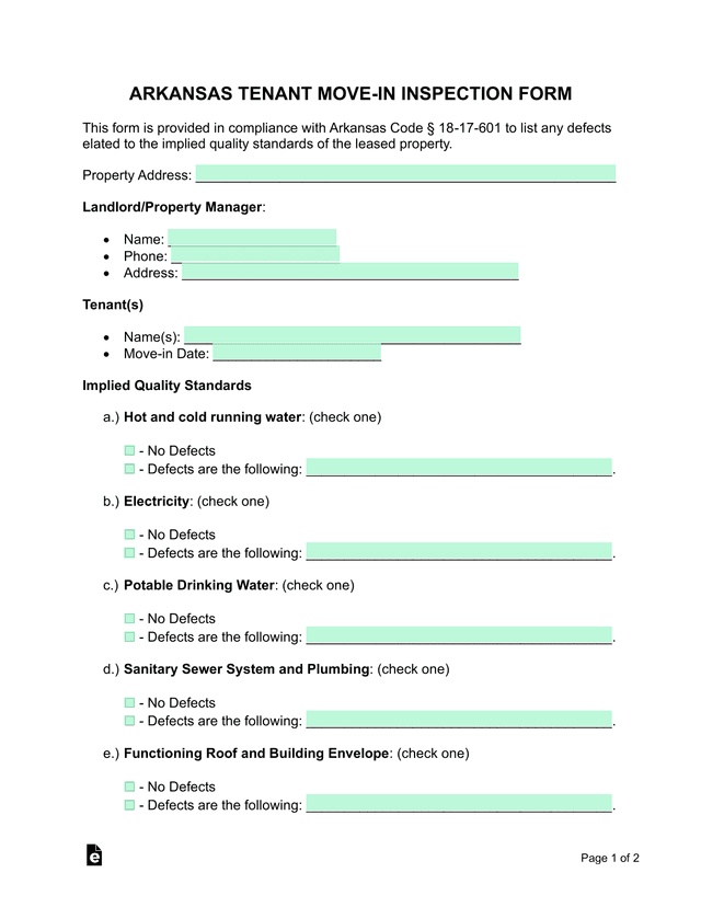 ARKANSAS TENANT MOVE IN INSPECTION FORM screenshot