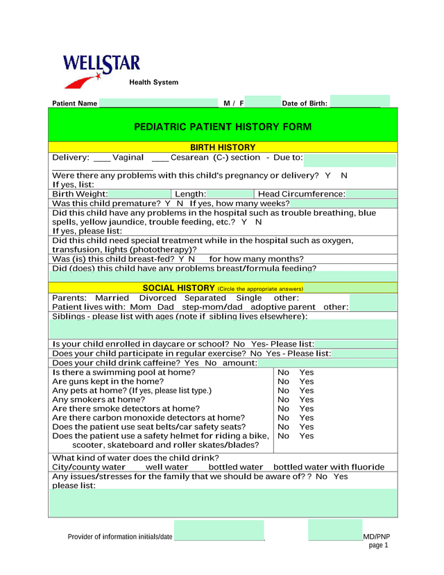 PEDIATRIC PATIENT HISTORY FORM screenshot