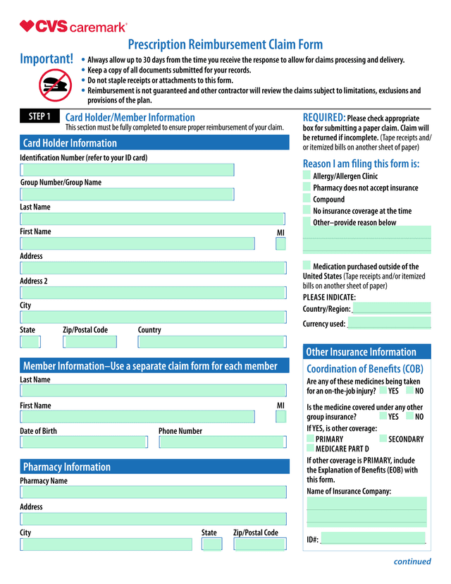 Prescription Reimbursement Claim Form screenshot
