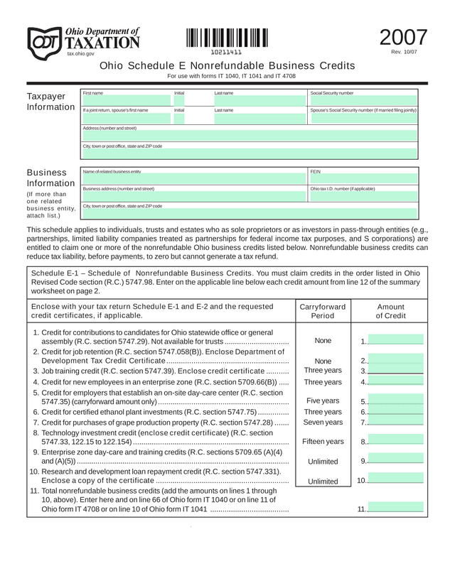 Ohio Schedule E Nonrefundable Business Credits screenshot