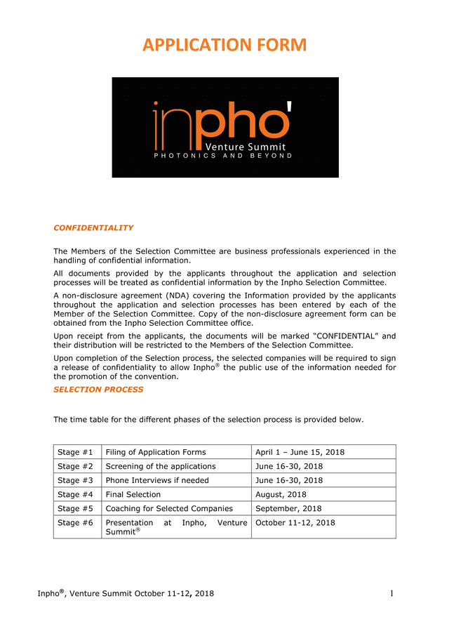 Inpho Venture Summit Application Form screenshot
