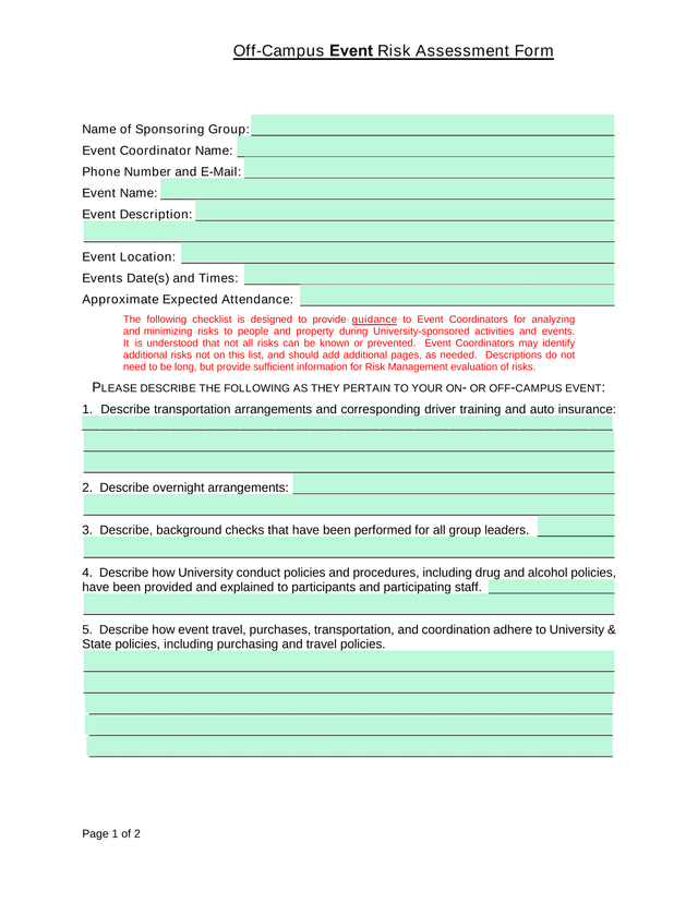 Off Campus Event Risk Assessment Form screenshot