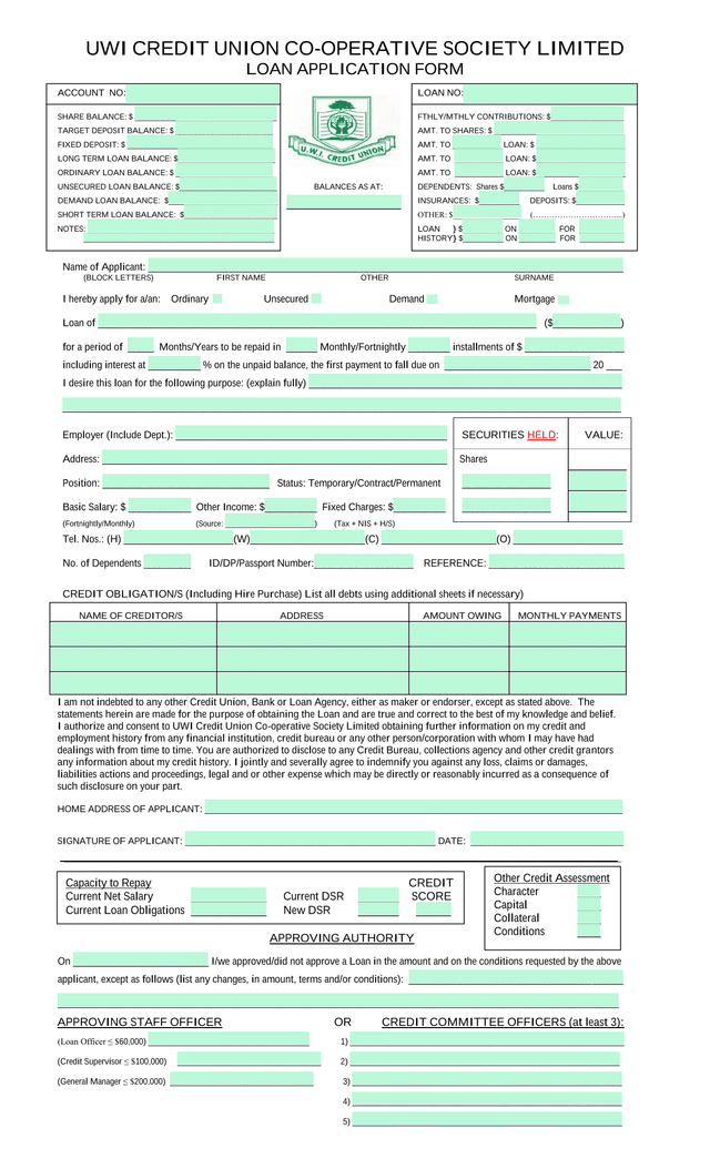 UWI Credit Union Co Operative Society Limited Loan Application Form screenshot