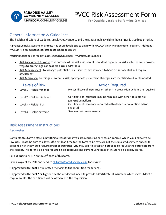 PVCC Risk Assessment Form For Services screenshot