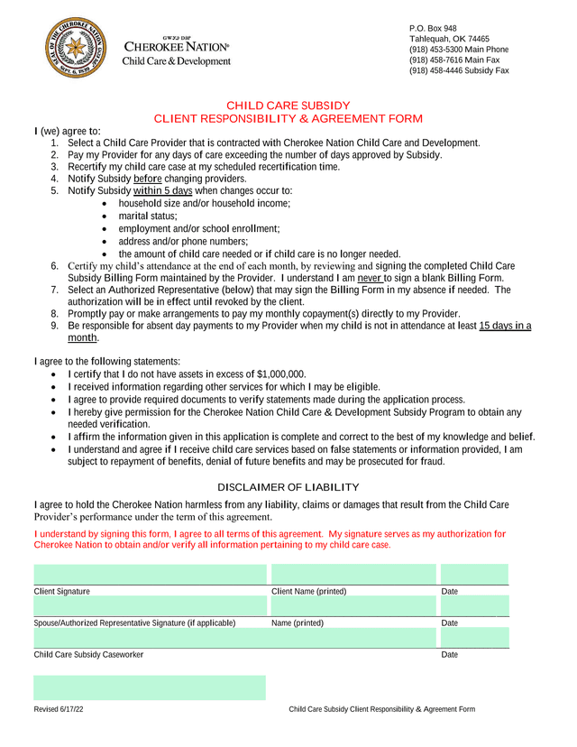 Child Care Subsidy Client Responsibility  Agreement Form screenshot