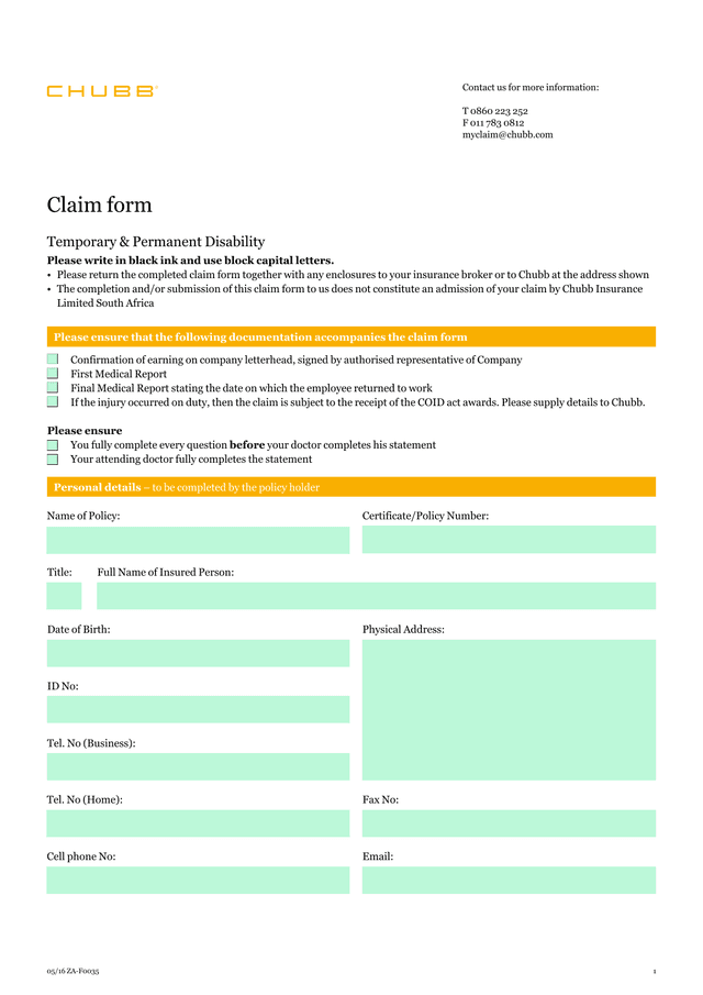 Temporary  Permanent Disability Claim Form screenshot