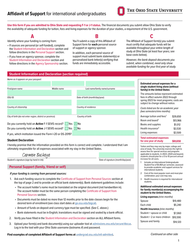 Affidavit Of Support For International Undergraduates screenshot
