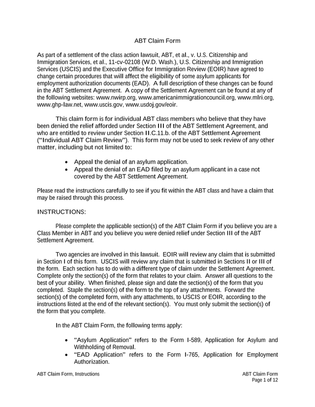 ABT Claim Form screenshot