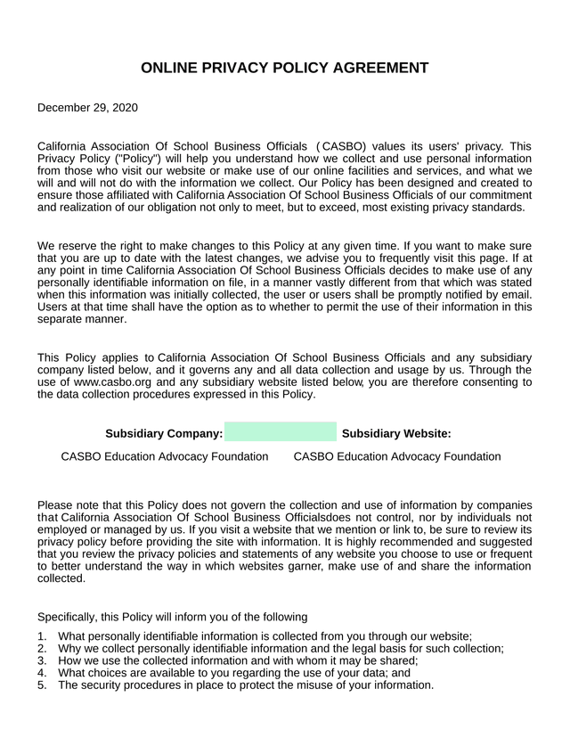 Online Privacy Policy Agreement screenshot