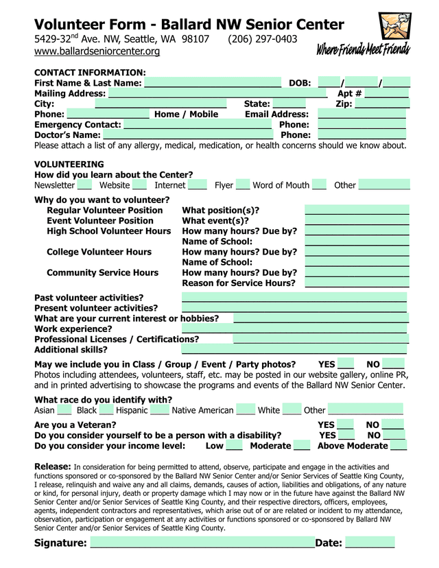 Volunteer Form   Ballard NW Senior Center screenshot