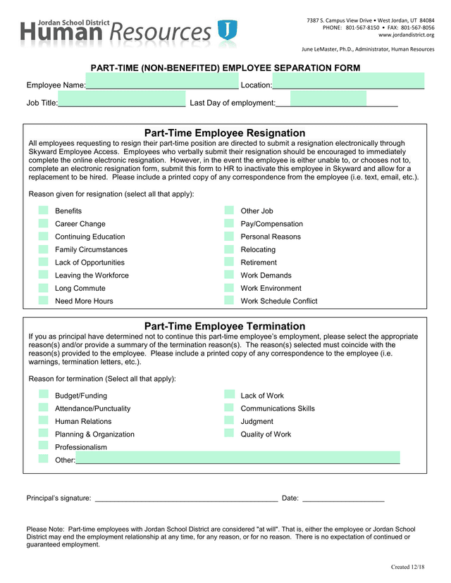 PART TIME (NON BENEFITED) EMPLOYEE SEPARATION FORM screenshot