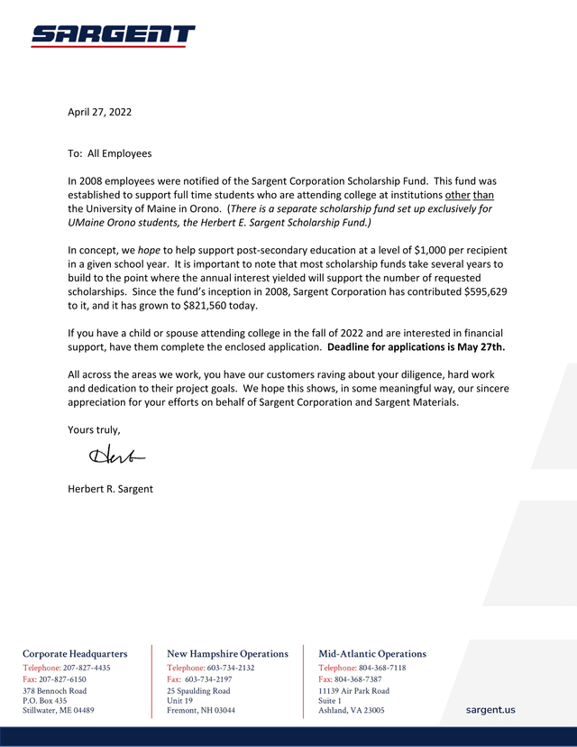 Sargent Corporation Scholarship Fund Application screenshot