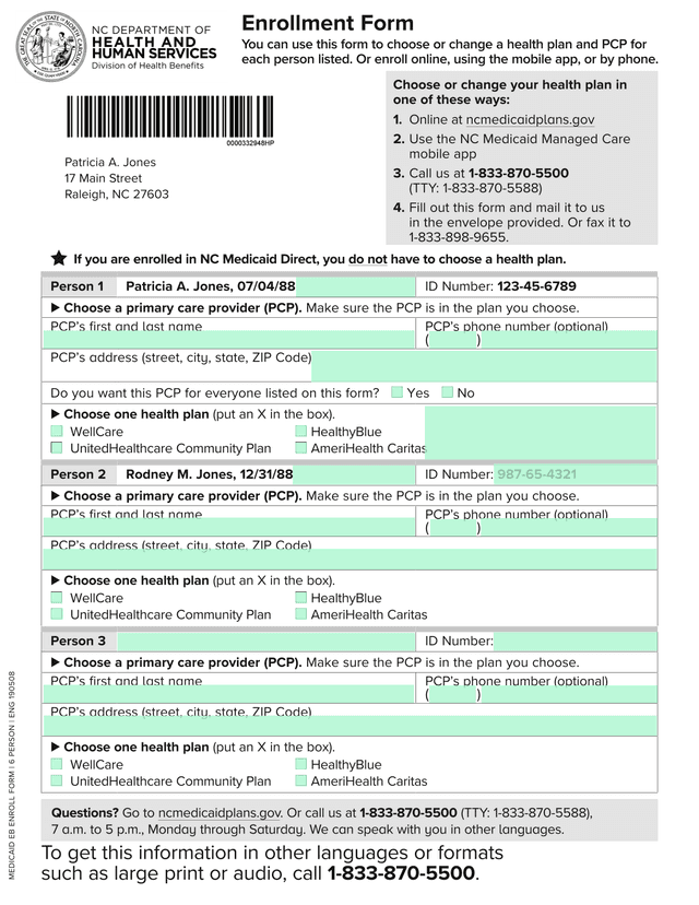 NC Medicaid Enrollment Form screenshot