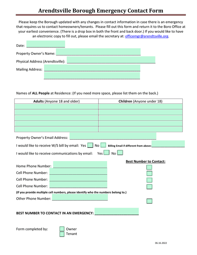Arendtsville Borough Emergency Contact Form screenshot