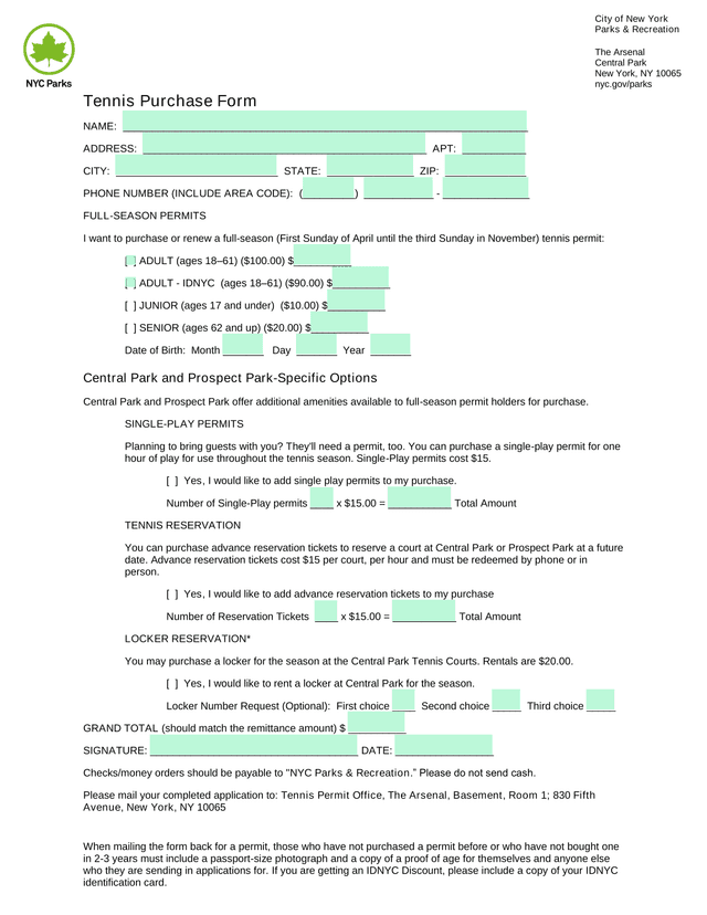 Tennis Purchase Form screenshot