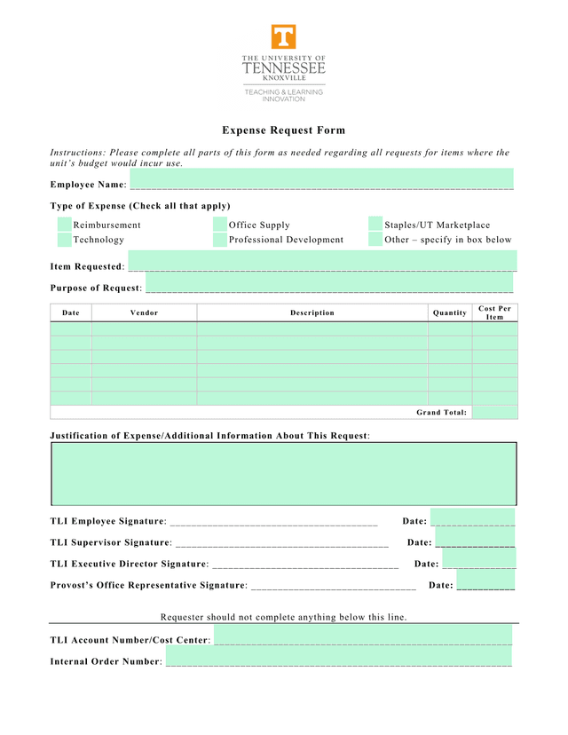 Expense Request Form screenshot