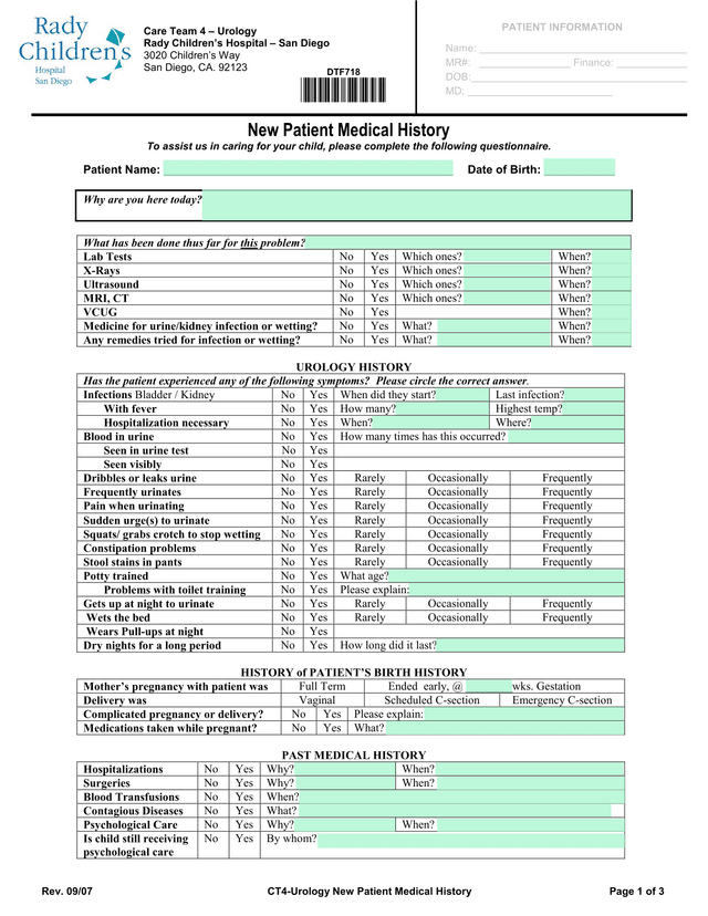 CT4 Urology New Patient Medical History screenshot
